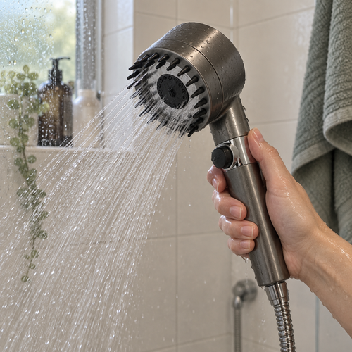 Filtered hand shower held in use under running water