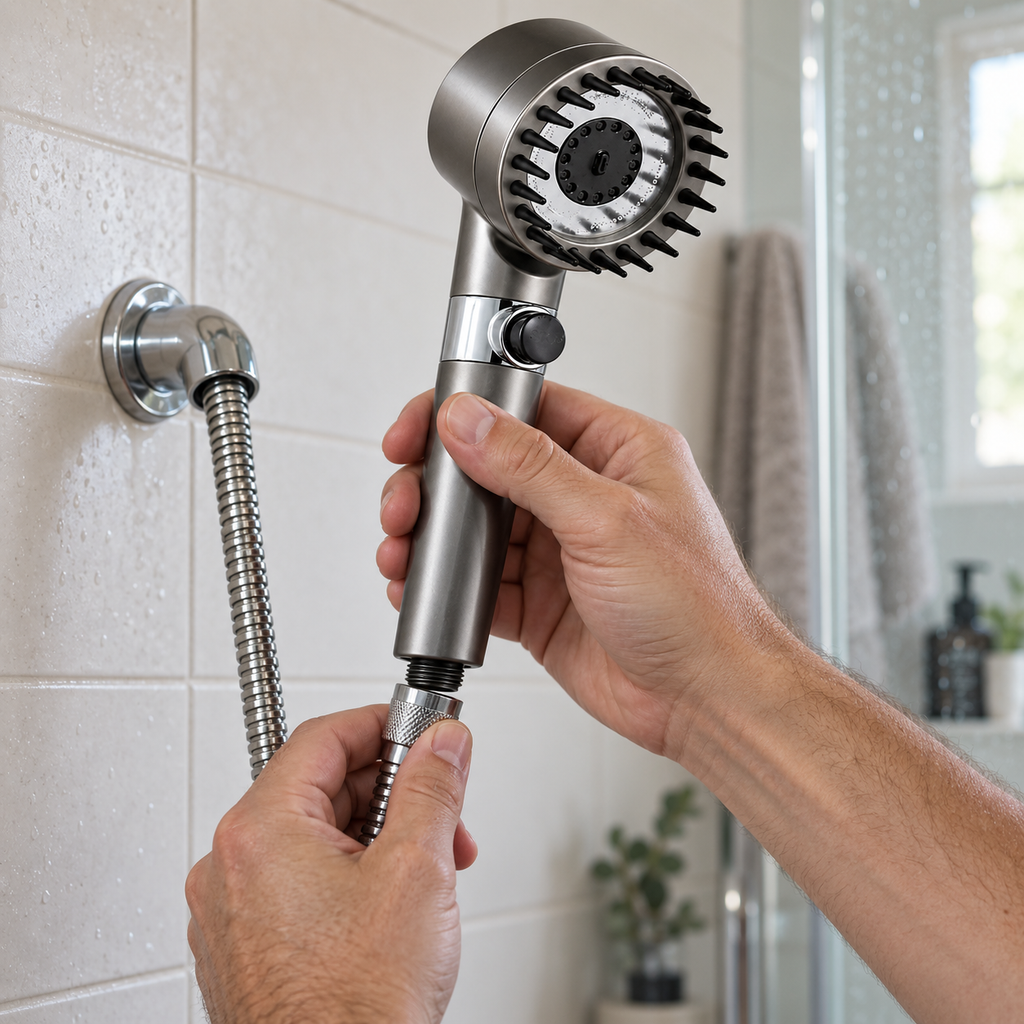 Twisting the hand shower onto a standard G1/2 shower hose