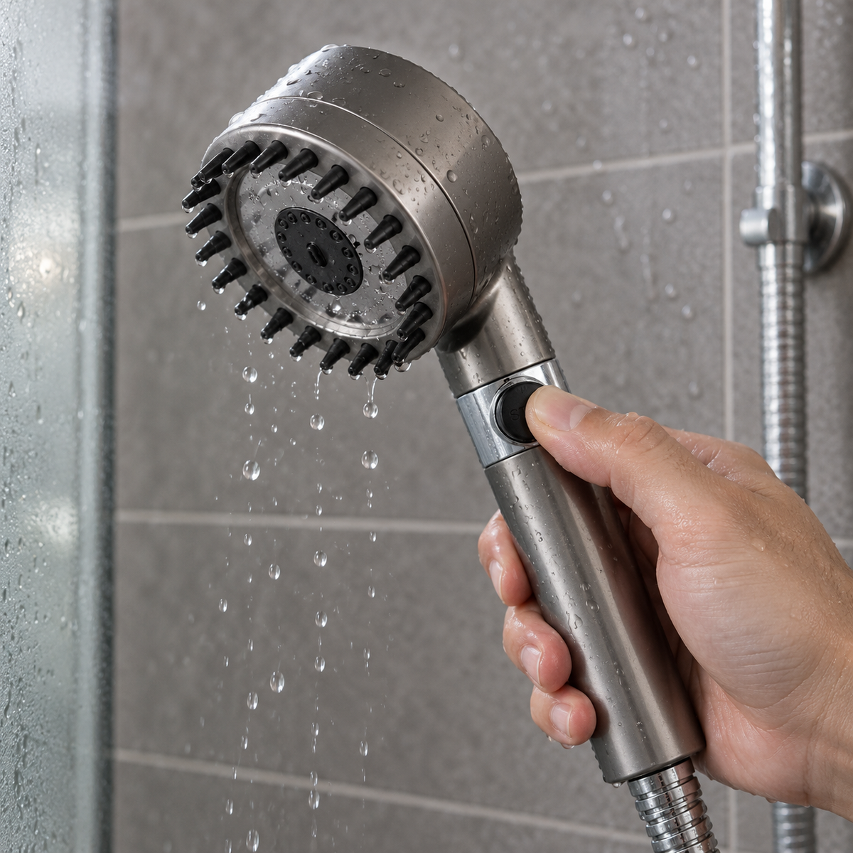 Pause button on the handle being pressed mid-shower