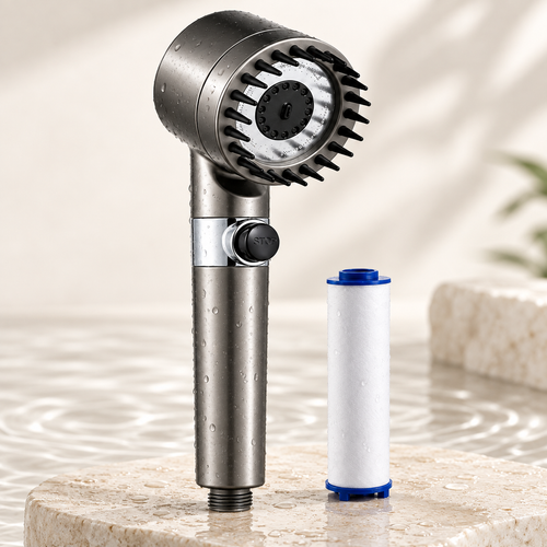 AURO filtered hand shower, polished silver handpiece