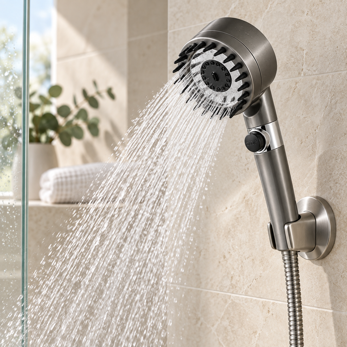 Hand shower installed and running in a home shower