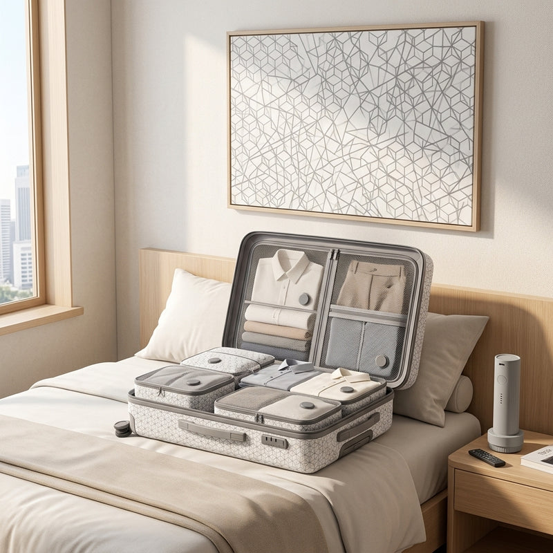 Open suitcase with neatly organized packing cubes on a hotel bed