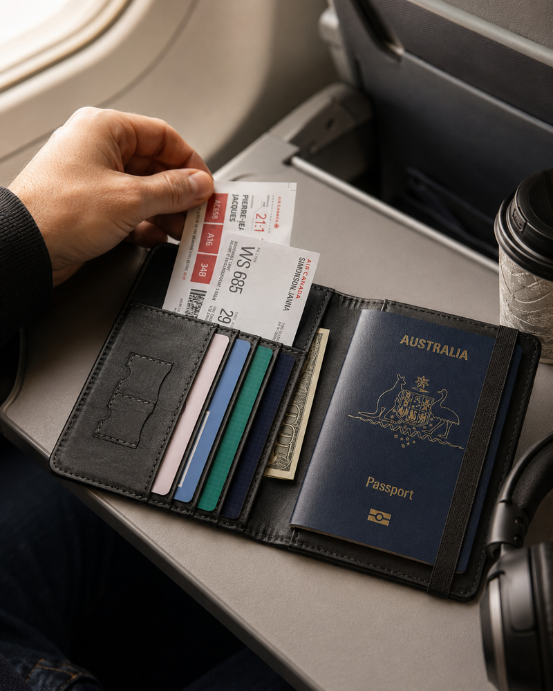Travel wallet with boarding passes on airplane tray table