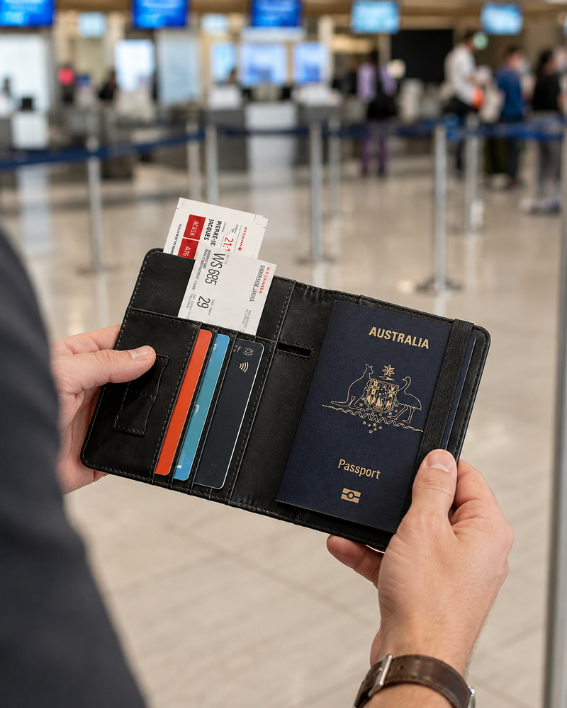 Holding travel wallet open in airport terminal