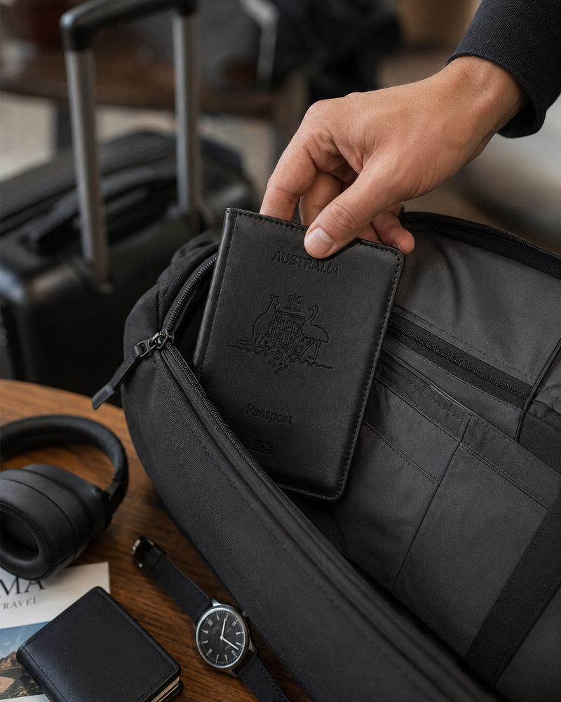 Passport placed into travel backpack