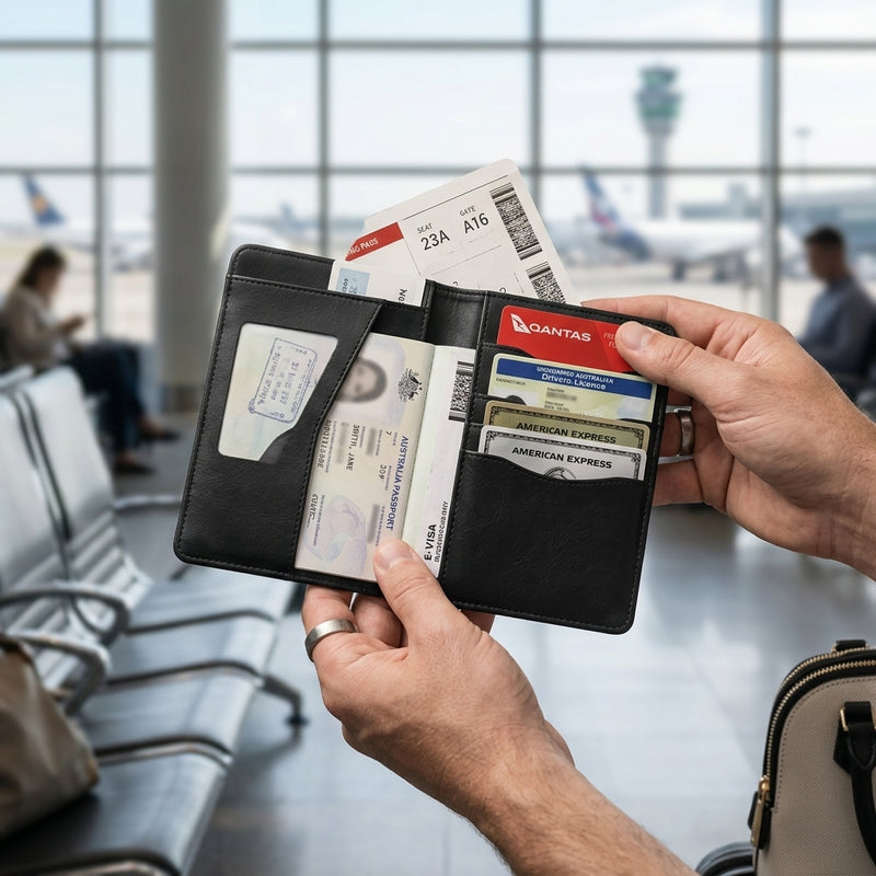 Traveler holding an organized RFID travel wallet at the airport
