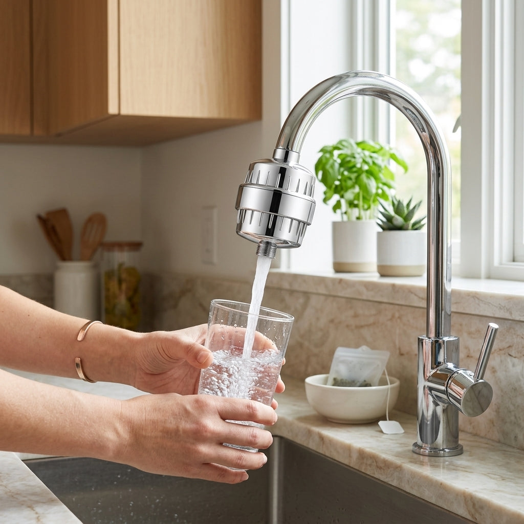 Person pouring fresh filtered water in a bright modern kitchen