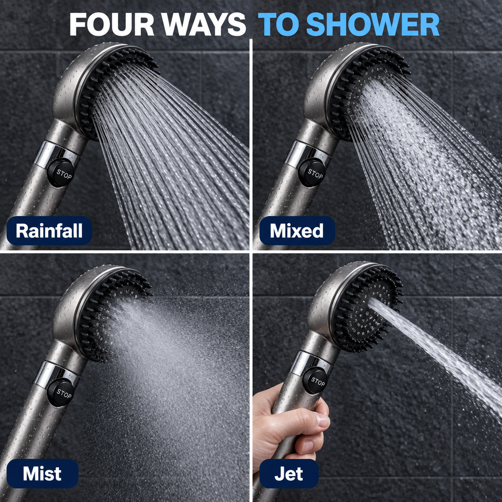 Four spray modes on the AURO filtered hand shower: Rainfall, Mixed, Mist and Jet