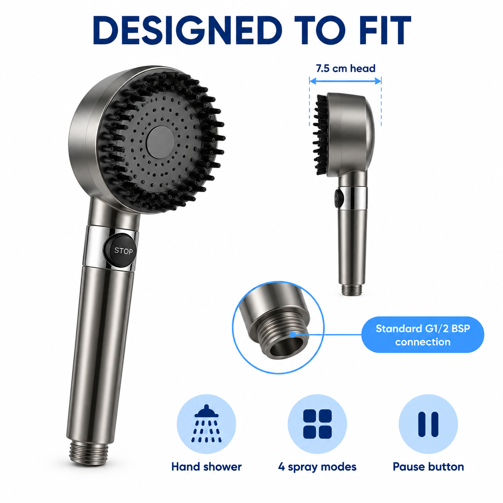 Designed to fit: 7.5 cm head with a standard G1/2 BSP connection, hand shower with 4 spray modes and a pause button