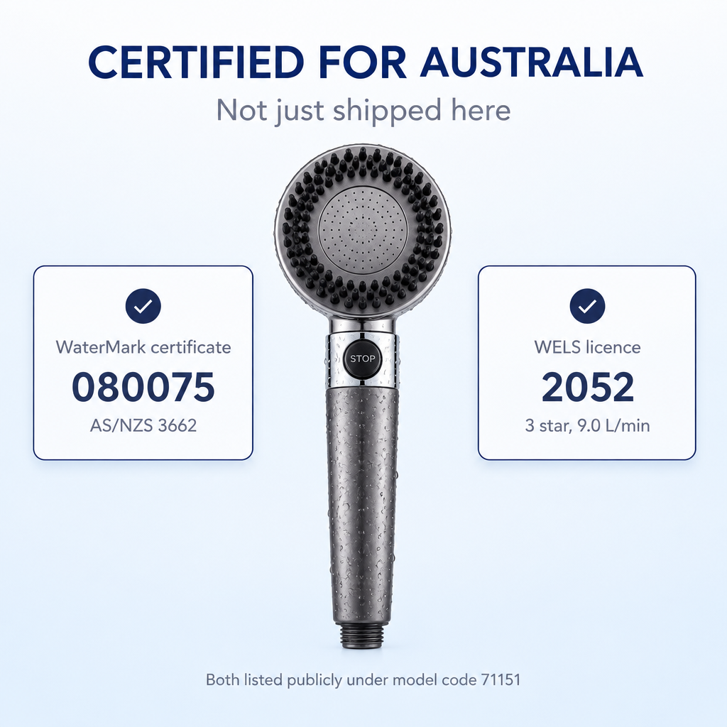 Certified for Australia: WaterMark certificate 080075 to AS/NZS 3662 and WELS licence 2052, 3 star, 9.0 litres per minute, both listed under model code 71151